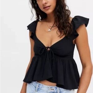 Black Ruffle Sleeve Keyhole Top